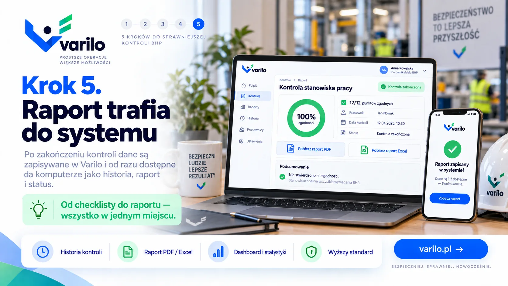 Krok 5. Raport z kontroli BHP trafia do systemu Varilo — historia, PDF i Excel