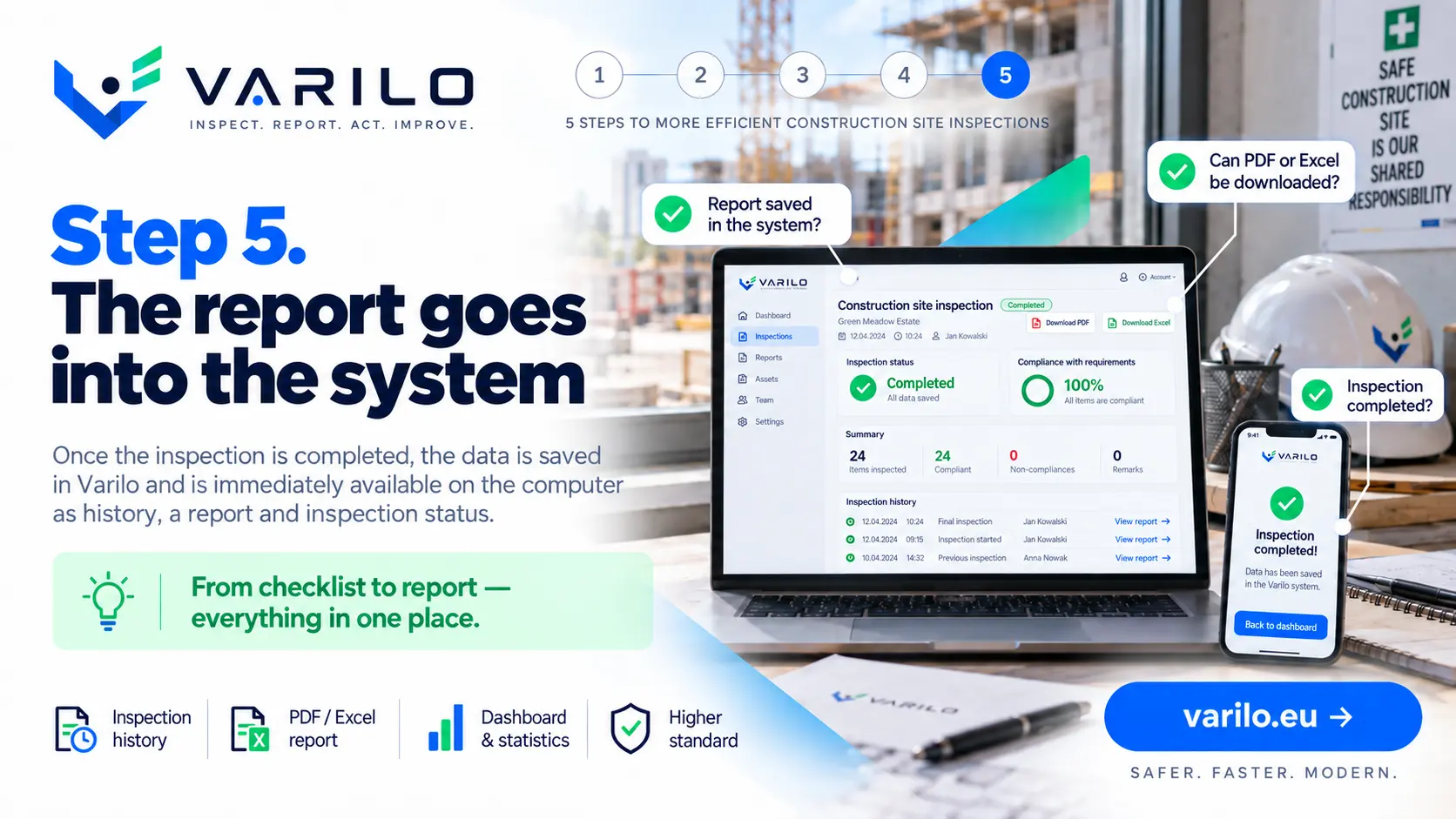 Step 5. The construction site inspection report goes into Varilo — history, PDF and Excel