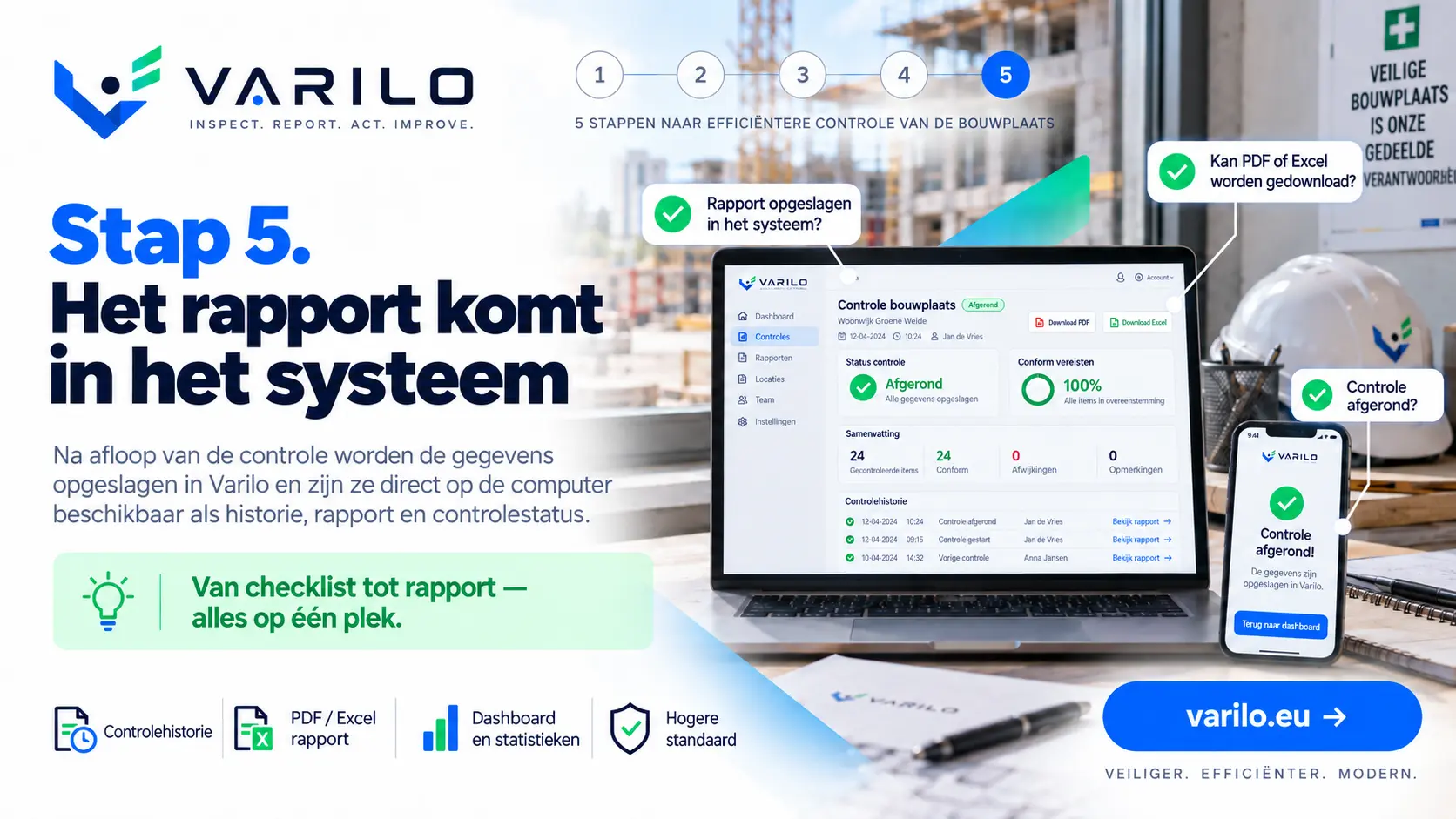 Stap 5. Het rapport van de bouwplaatscontrole komt in Varilo — historie, PDF en Excel