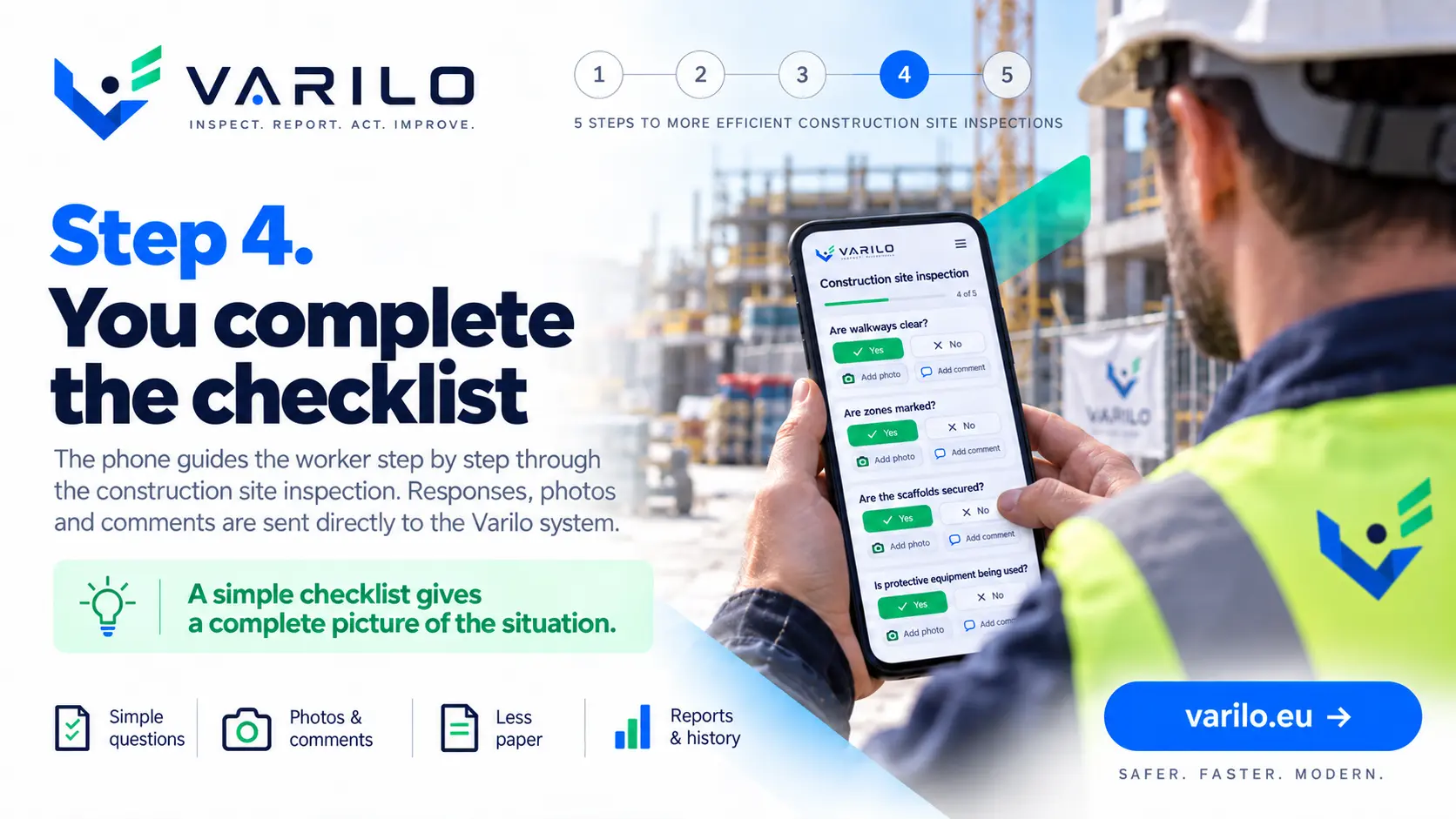 Step 4. You complete the checklist on the phone — answers, photos and comments