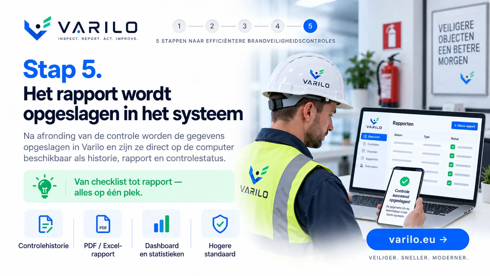 Stap 5. Het rapport van de brandveiligheidscontrole wordt opgeslagen in Varilo — historie, PDF en Excel