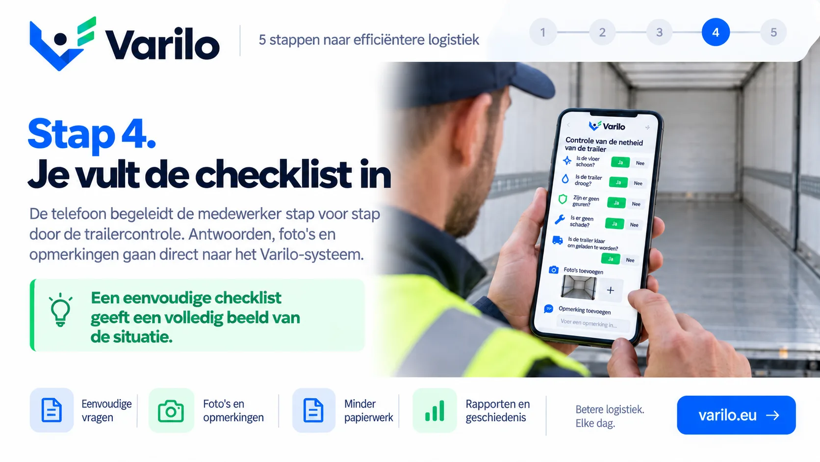Stap 4. Je vult de checklist in op de telefoon — controle van de netheid van de trailer