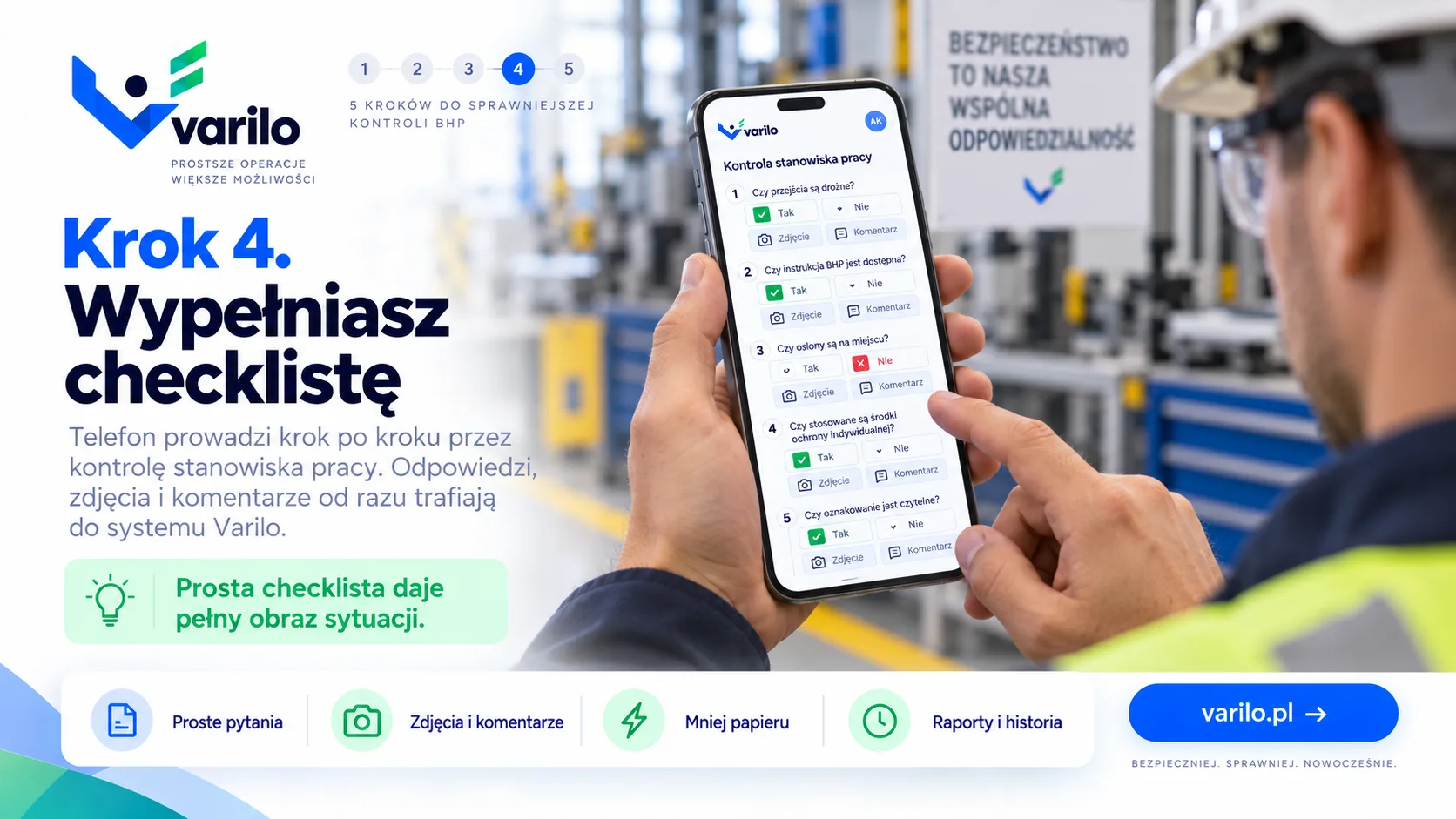 Krok 4. Wypełniasz checklistę BHP na telefonie — odpowiedzi, zdjęcia i komentarze