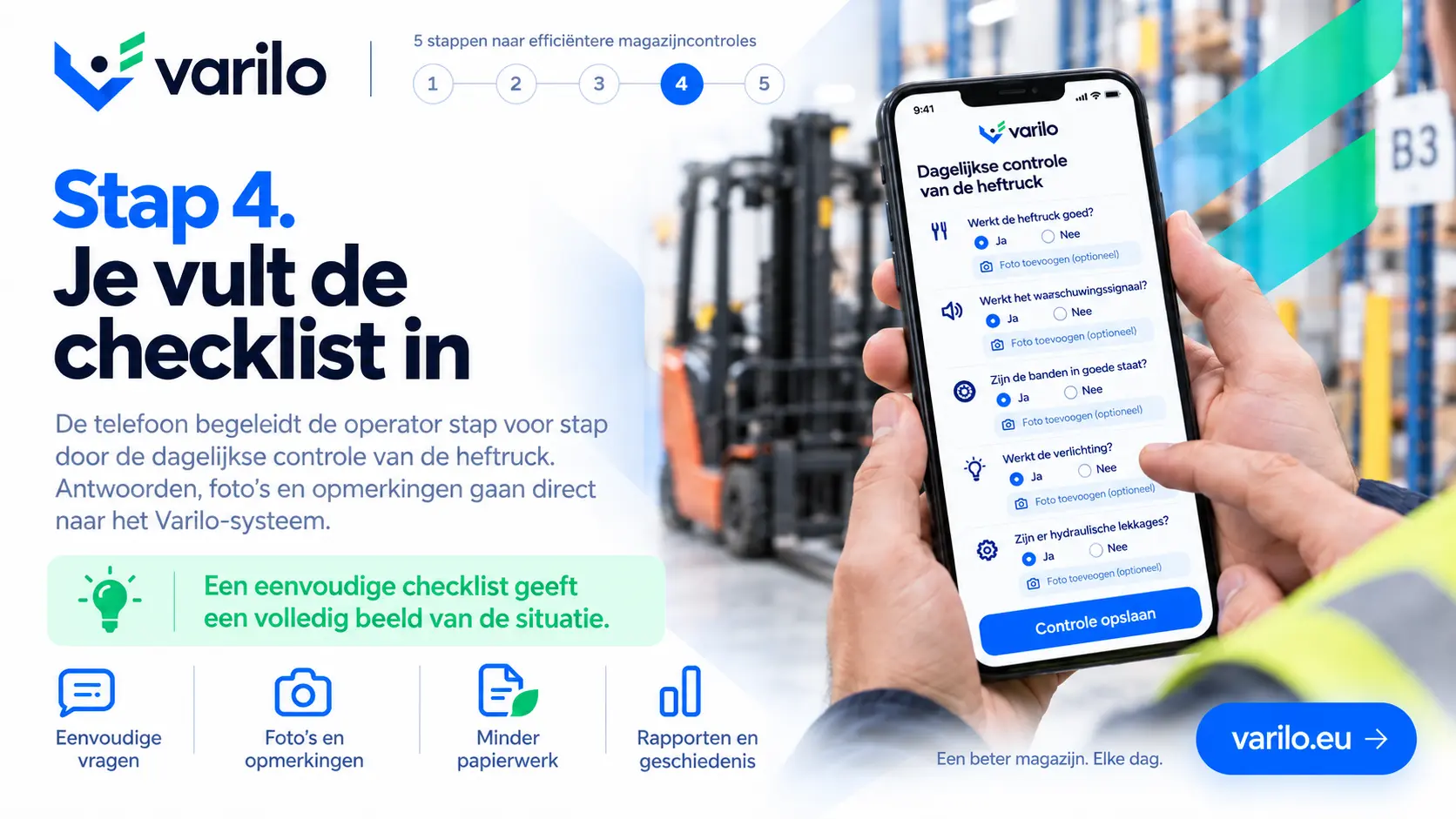 Stap 4. Je vult de heftruckchecklist in op de telefoon — antwoorden, foto's en opmerkingen