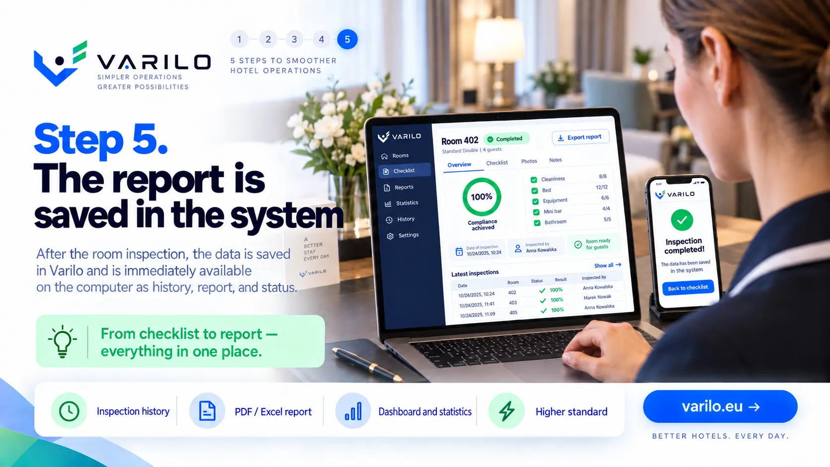 Step 5. The report lands in Varilo — history, PDF and Excel