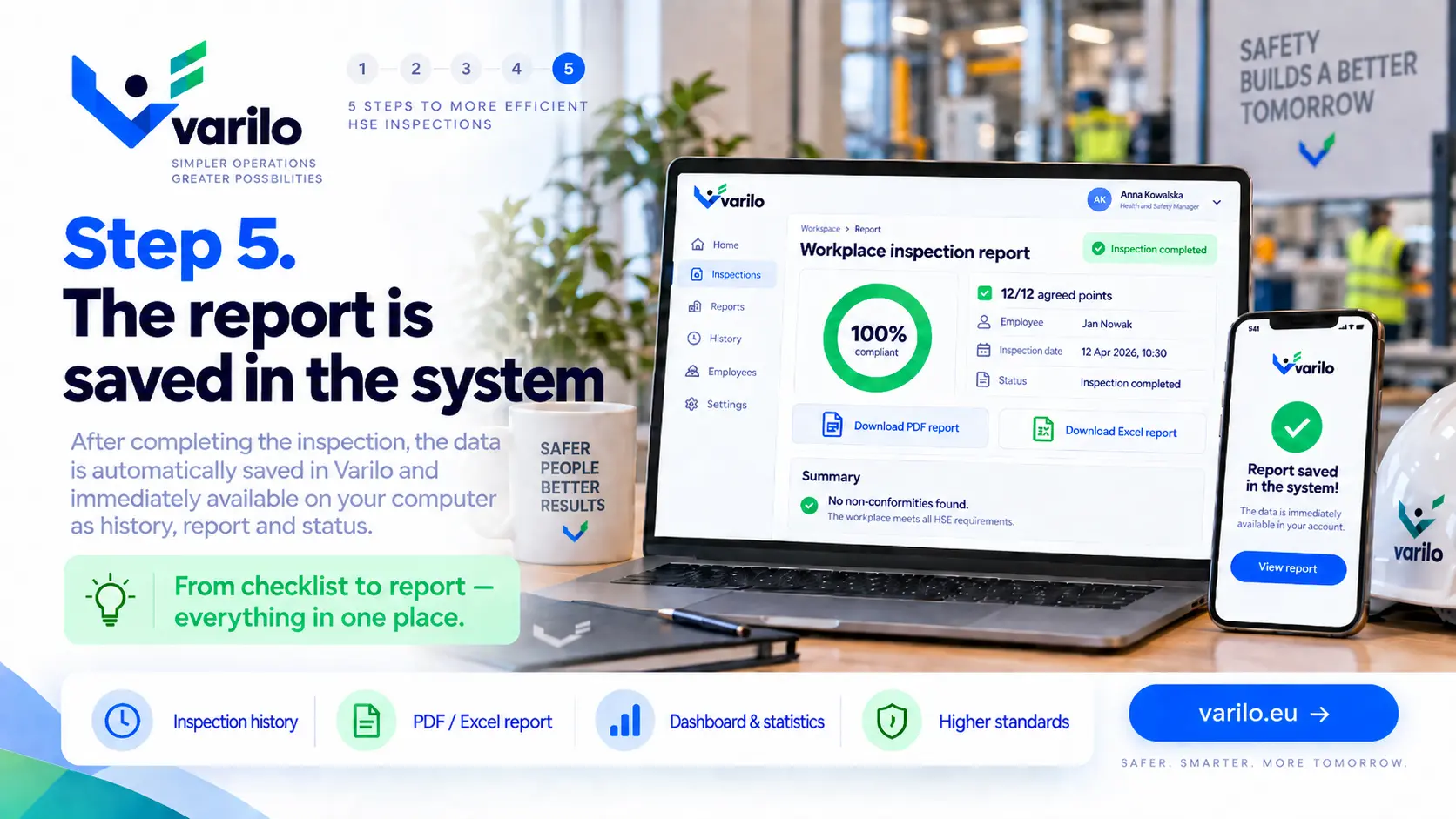 Step 5. The workplace inspection report is saved in Varilo — history, PDF and Excel