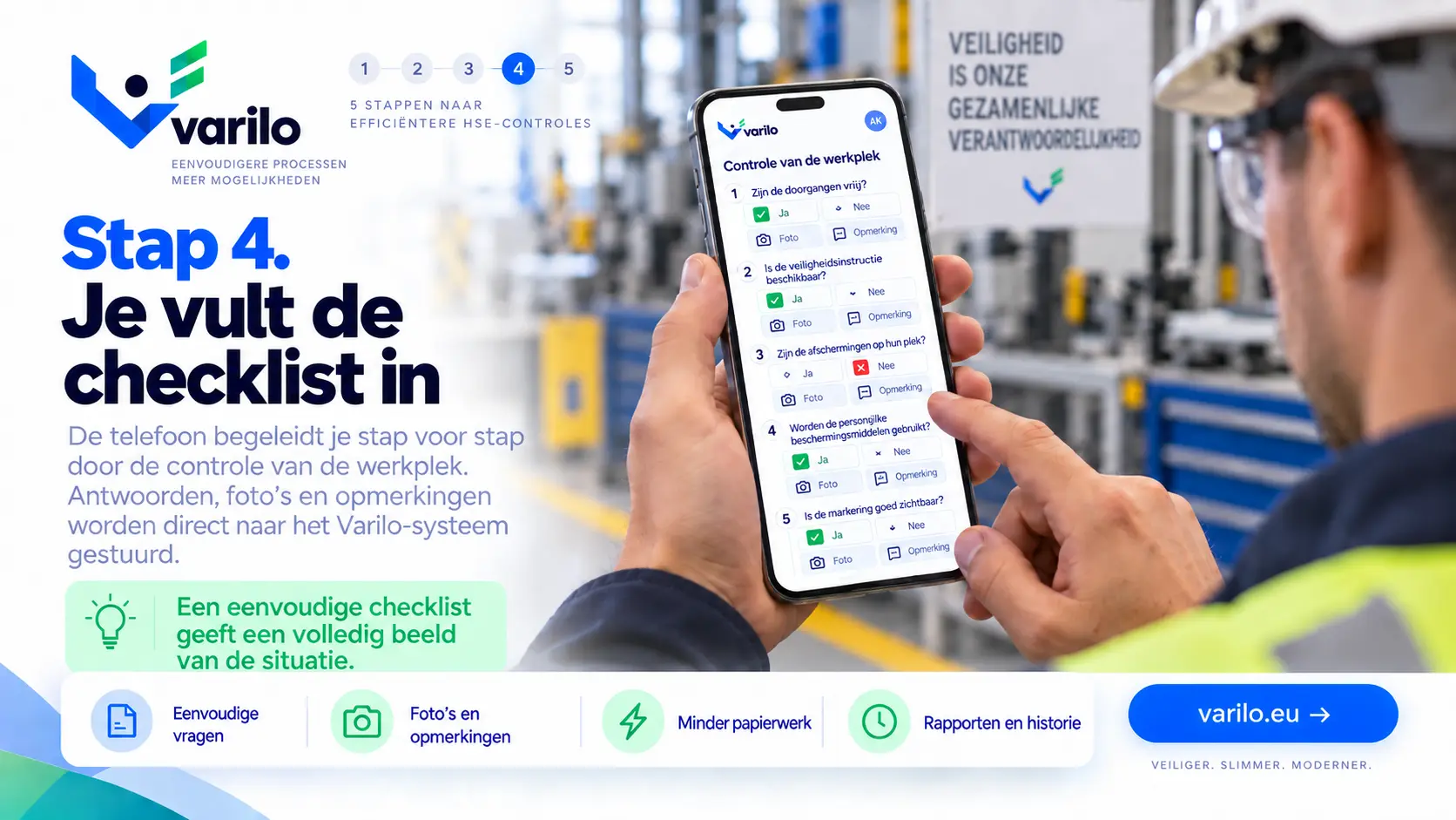 Stap 4. Je vult de HSE-checklist in op de telefoon — antwoorden, foto's en opmerkingen