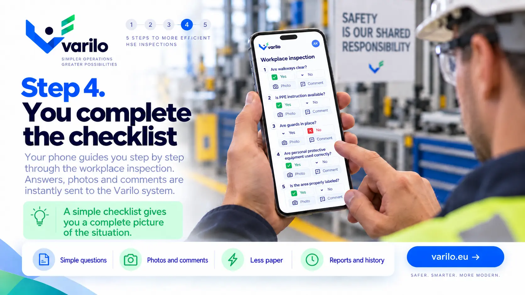 Step 4. You complete the HSE checklist on a phone — answers, photos and comments