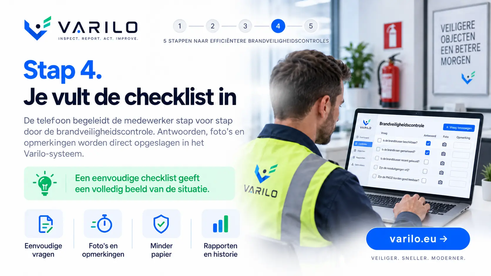 Stap 4. Je vult de brandveiligheidschecklist in op je telefoon — antwoorden, foto's en opmerkingen