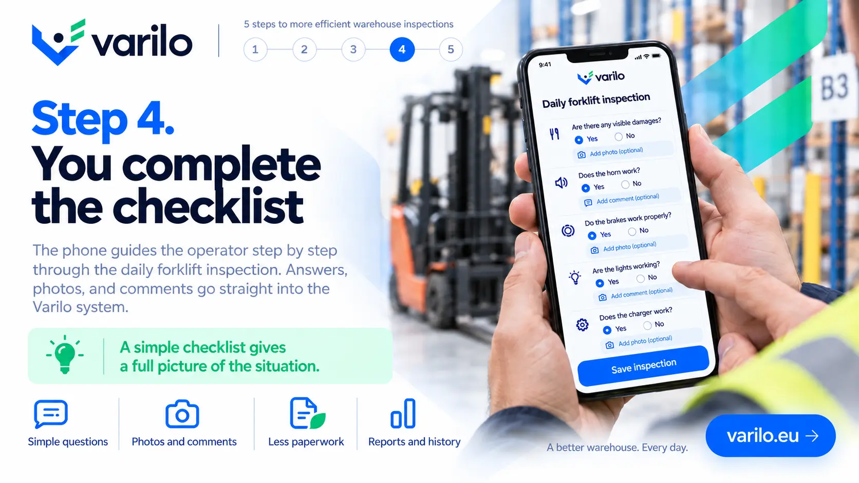 Step 4. You complete the forklift checklist on the phone — answers, photos and comments