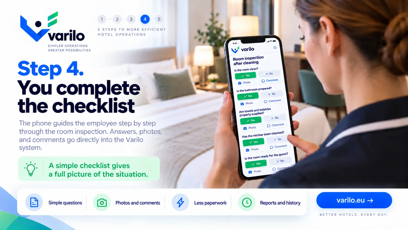 Step 4. You fill in the checklist on your phone — answers, photos, comments
