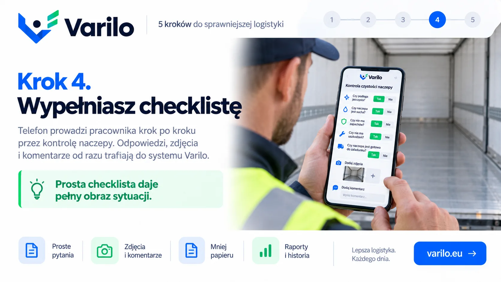 Krok 4. Wypełniasz checklistę na telefonie — kontrola czystości naczepy